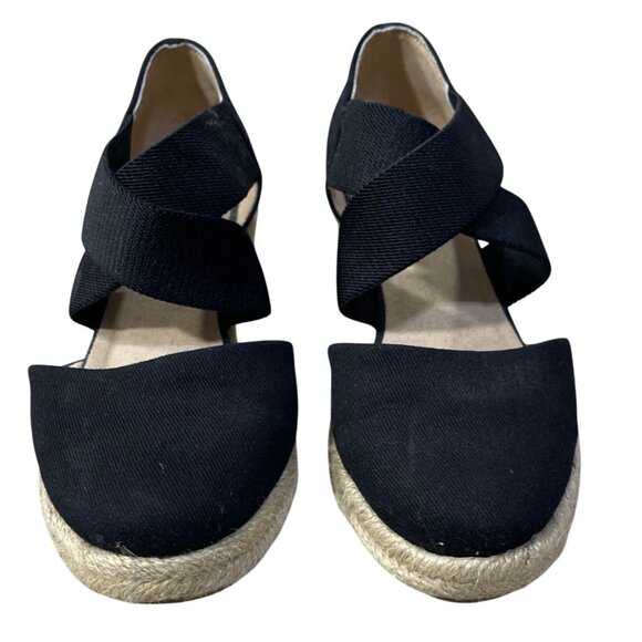 LifeStride Keaton Canvas Slip On Wedge Heels Size 8 Espadrille Black Cross Strap - Picture 2 of 10